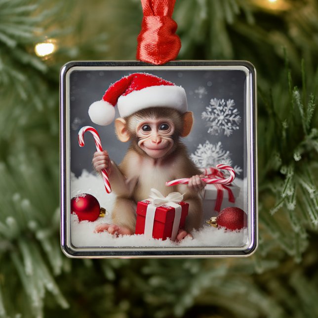 Cute monkey with a Santa hat Metal Ornament (Tree)