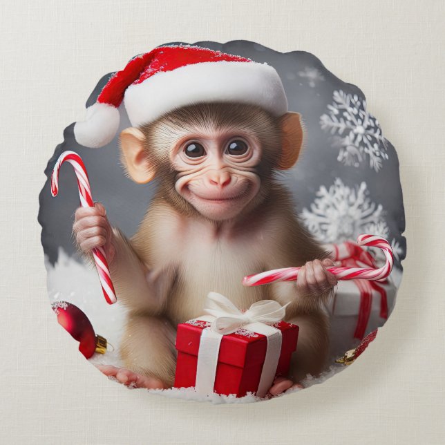 Cute monkey with a Santa hat Round Cushion (Front)