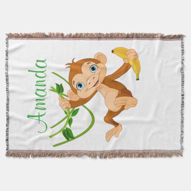 Cute Monkey with Banana Throw Blanket (Front)