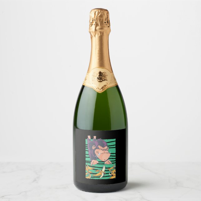 Cute Monkey With Bananas Sparkling Wine Label (Front)