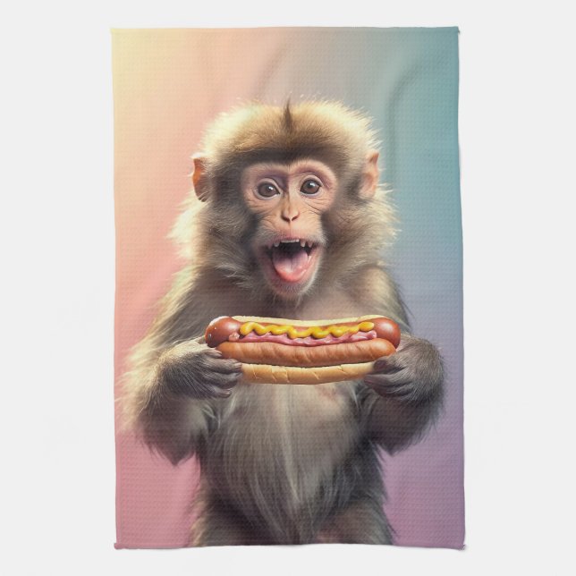 Cute Monkey With Hotdog  Tea Towel (Vertical)
