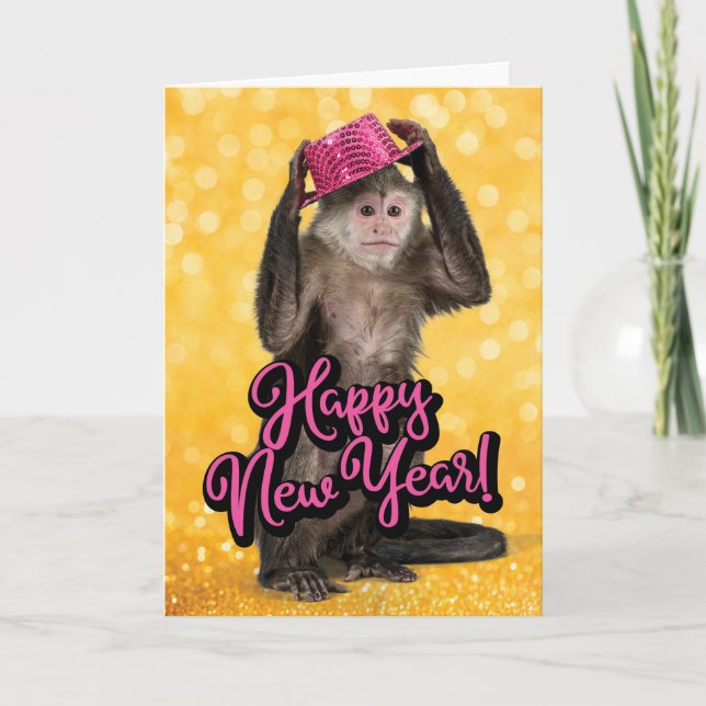 Cute Monkey With Party Hat New Years Card (Front)