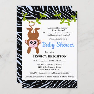 Cute Monkey Zebra Stripes Baby Shower Invitation