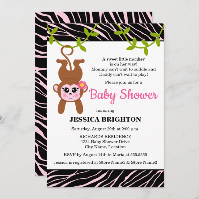 Cute Monkey Zebra Stripes Baby Shower Invitation (Front/Back)