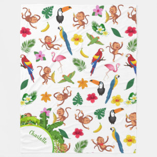 Cute Monkeys and Bananas in Jungle Pattern Fleece Blanket
