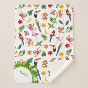 Cute Monkeys and Bananas in Jungle Pattern Sherpa Blanket