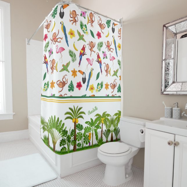 Cute Monkeys and Bananas in Jungle Pattern Shower Curtain (In Situ)