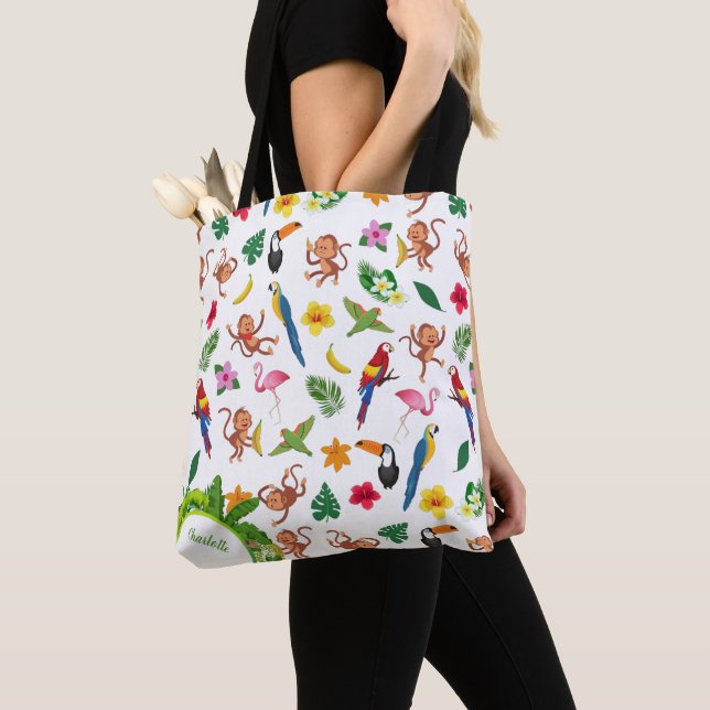 Cute Monkeys and Bananas in Jungle Pattern Tote Bag (Close Up)