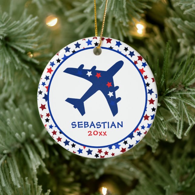 Cute Monogram Aeroplane Stars Christmas Ceramic Ornament (Tree)