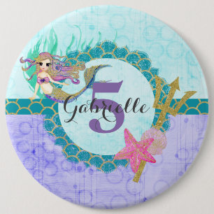 Cute Monogram Age Mermaid Teal & Purple Birthday 6 Cm Round Badge