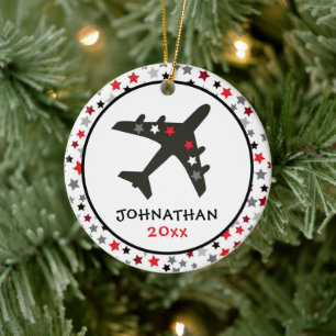 Cute Monogram Black Aeroplane Stars Christmas Ceramic Ornament