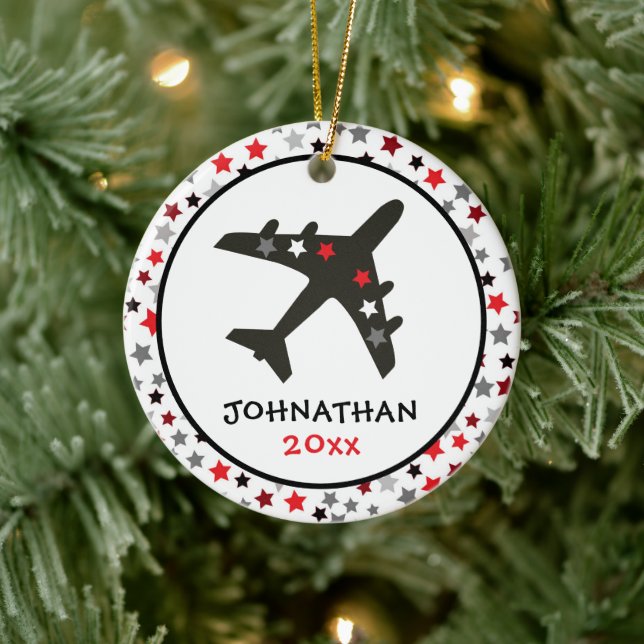 Cute Monogram Black Aeroplane Stars Christmas Ceramic Ornament (Tree)