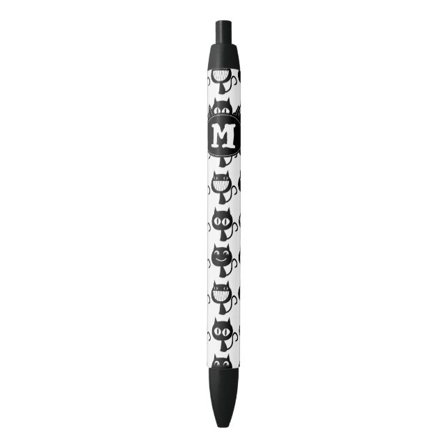 Cute Monogram Black Cat Expressions Pattern Black Ink Pen (Front Vertical)