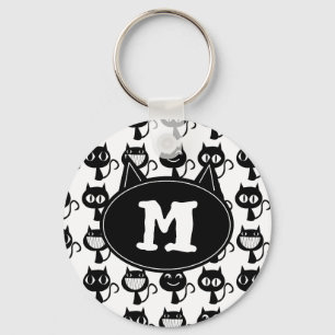 Cute Monogram Black Cat Expressions Pattern  Key Ring