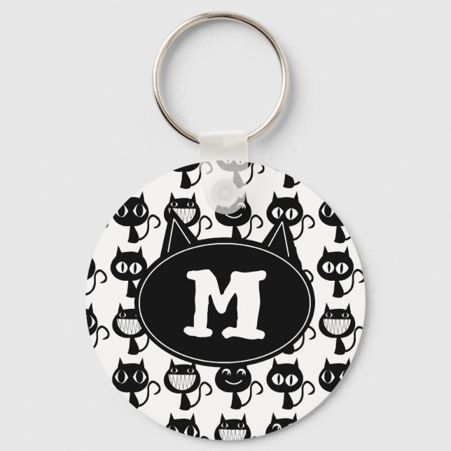Cute Monogram Black Cat Expressions Pattern  Key Ring (Front)