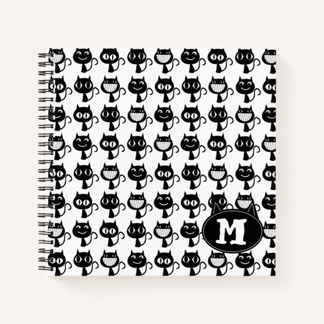 Cute Monogram Black Cat Expressions Pattern Notebook (Front)