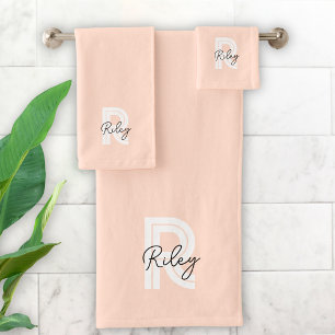 Cute Monogram Blush Pink Modern Retro Trendy Bath Towel Set