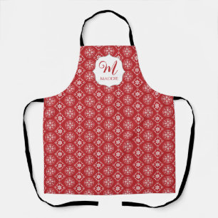 Cute Monogram Christmas Red Snowflake Simple Apron