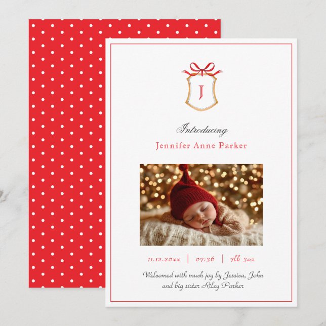 Cute Monogram crest and bow Christmas Birth Announcement (Front/Back)
