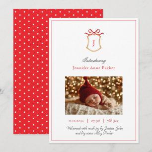 Cute Monogram crest and bow Christmas Birth Announcement