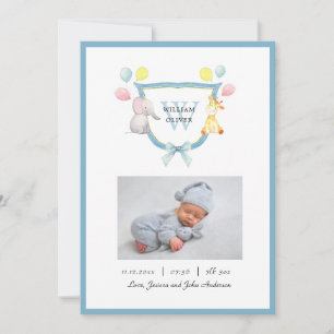 Cute Monogram Crest with Animals Boy Birth Announcement