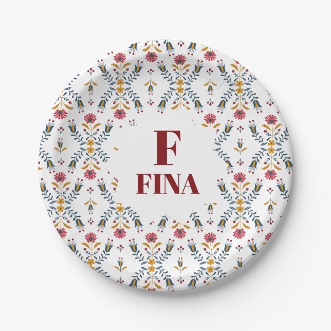 cute monogram custom Scandinavian folk art floral Paper Plate (Front)