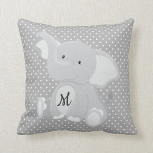 Cute Monogram Elephant Grey and White Polka Dot Cushion