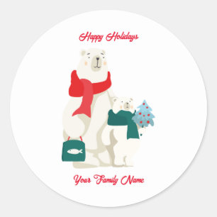 Cute Monogram Festive Christmas Polar Bears Classic Round Sticker