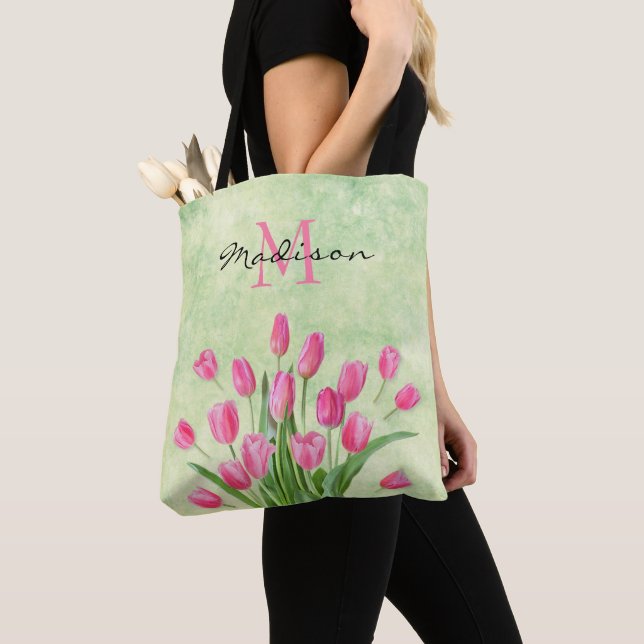 Cute Monogram Floral Spring Pink Tulip Bouquet Tote Bag (Close Up)