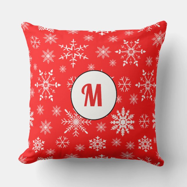 Cute monogram gift red pattern snowflakes unique cushion (Front)
