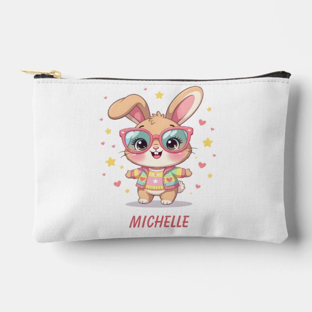 Cute monogram girly bunny wearing glasses accessory pouch (Front)
