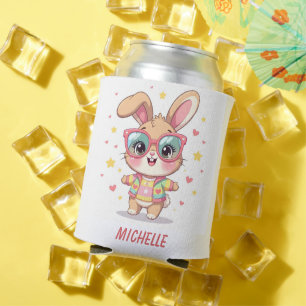 Cute monogram girly bunny wearing glasses can cooler