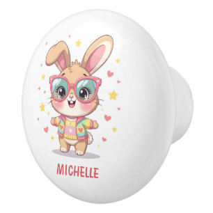Cute monogram girly bunny wearing glasses ceramic knob