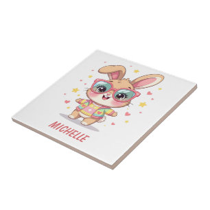 Cute monogram girly bunny wearing glasses ceramic tile