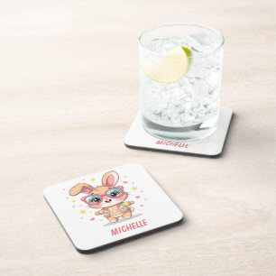 Cute monogram girly bunny wearing glasses coaster