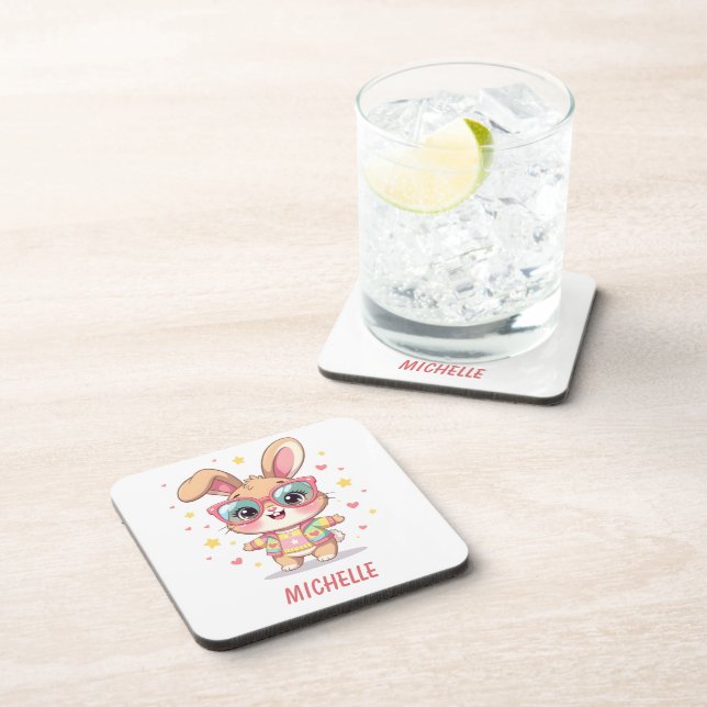 Cute monogram girly bunny wearing glasses coaster (Right Side)