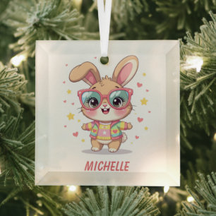 Cute monogram girly bunny wearing glasses glass tree decoration
