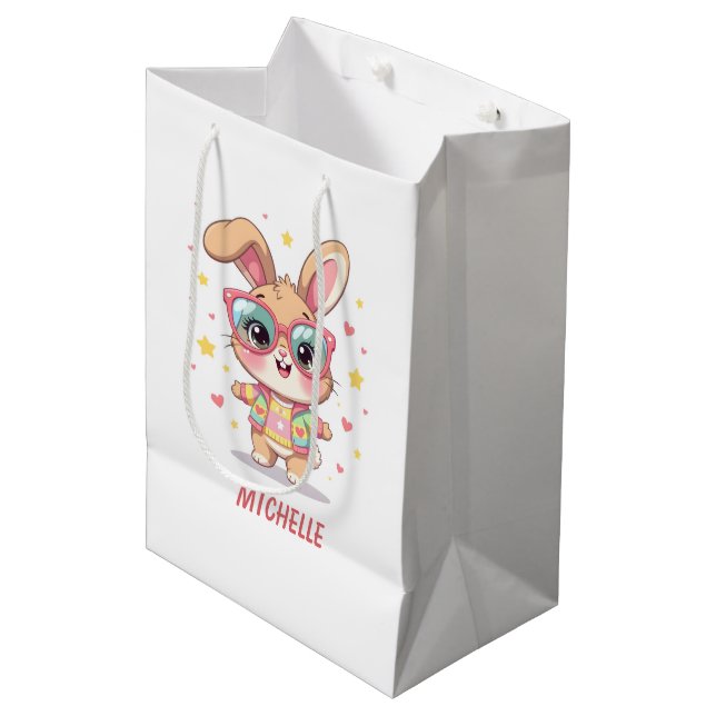 Cute monogram girly bunny wearing glasses medium gift bag (Front Angled)