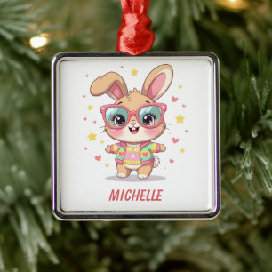 Cute monogram girly bunny wearing glasses metal ornament