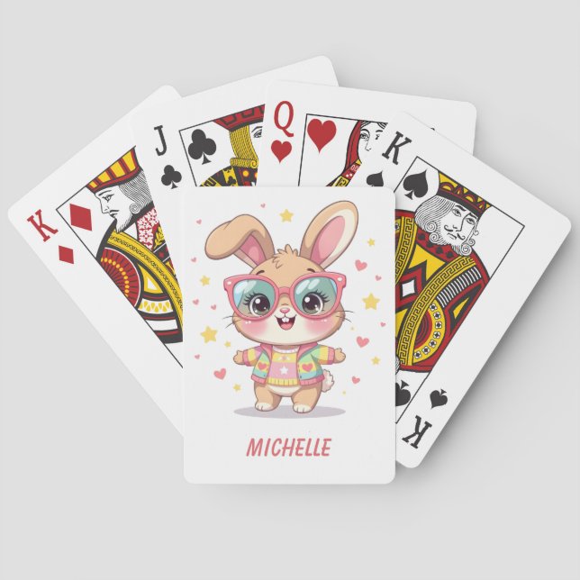 Cute monogram girly bunny wearing glasses playing cards (Back)