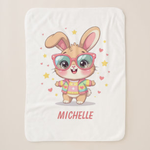 Cute monogram girly bunny wearing glasses sherpa blanket