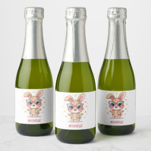 Cute monogram girly bunny wearing glasses sparkling wine label