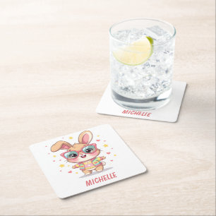 Cute monogram girly bunny wearing glasses square paper coaster