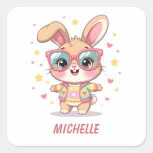 Cute monogram girly bunny wearing glasses square sticker