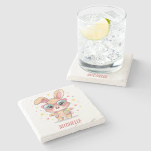 Cute monogram girly bunny wearing glasses stone coaster