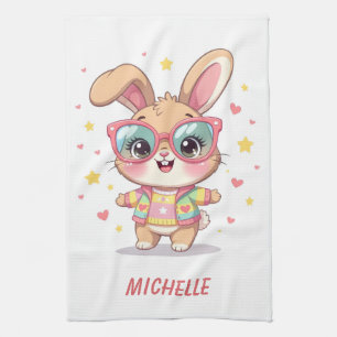 Cute monogram girly bunny wearing glasses tea towel