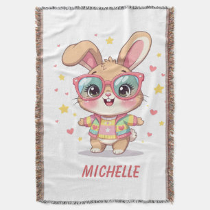 Cute monogram girly bunny wearing glasses throw blanket