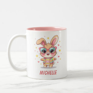Cute monogram girly bunny wearing glasses Two-Tone coffee mug