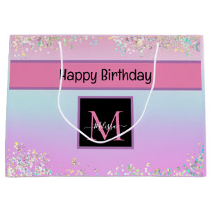 Cute Monogram Holographic Pastel Glitter  Birthday Large Gift Bag
