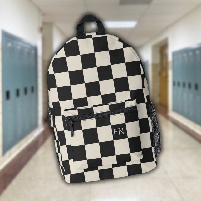 Cute Monogram Initials & Charcoal Chequerboard Printed Backpack (Creator Uploaded)